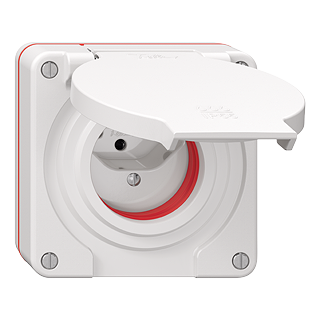 Produktbild einer Steckdose mit Klappe für den Aussenbereich in weiss