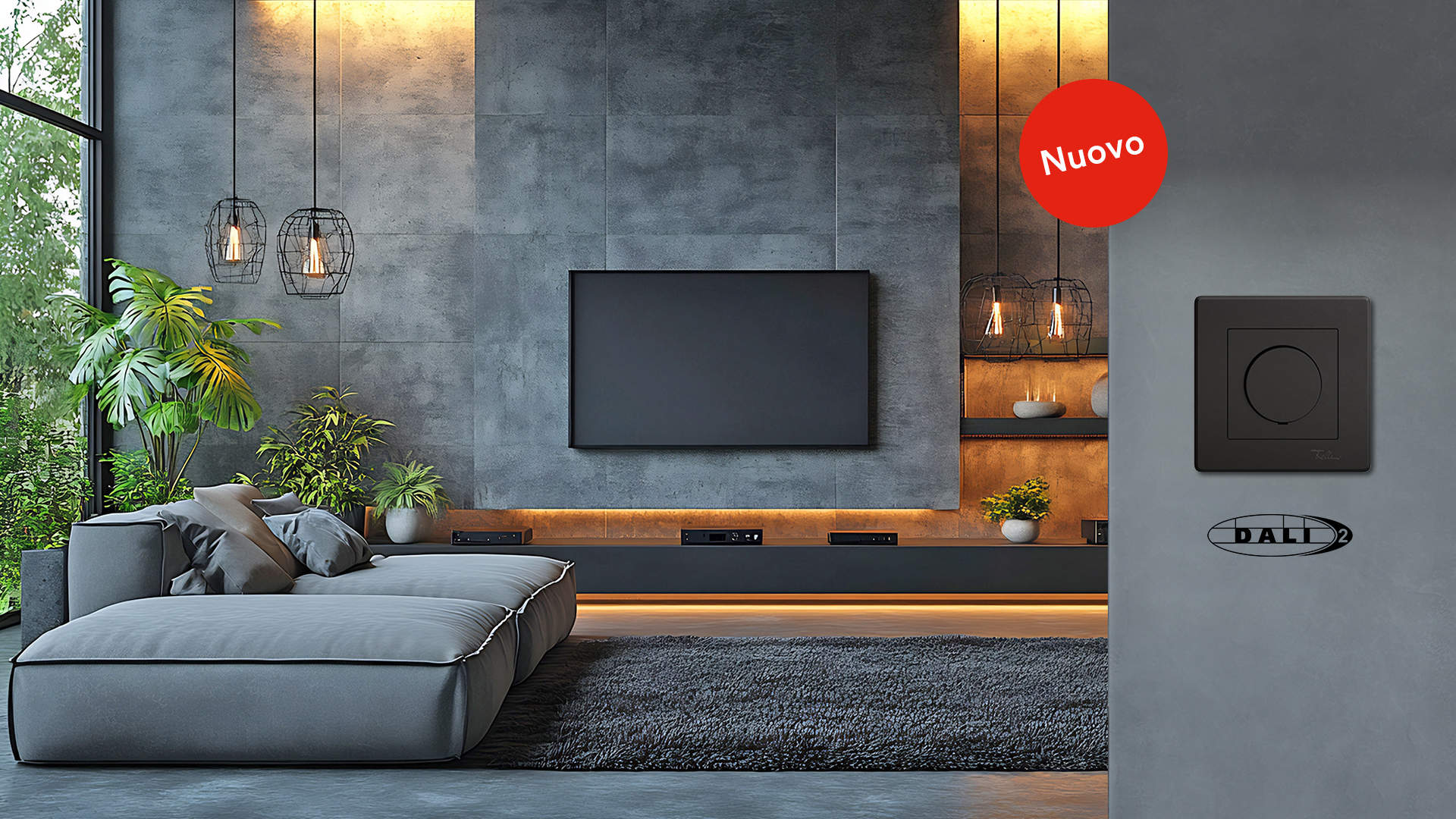 Soggiorno grigio con divano e televisore, nonché un encoder rotativo DALI-2 in primo piano