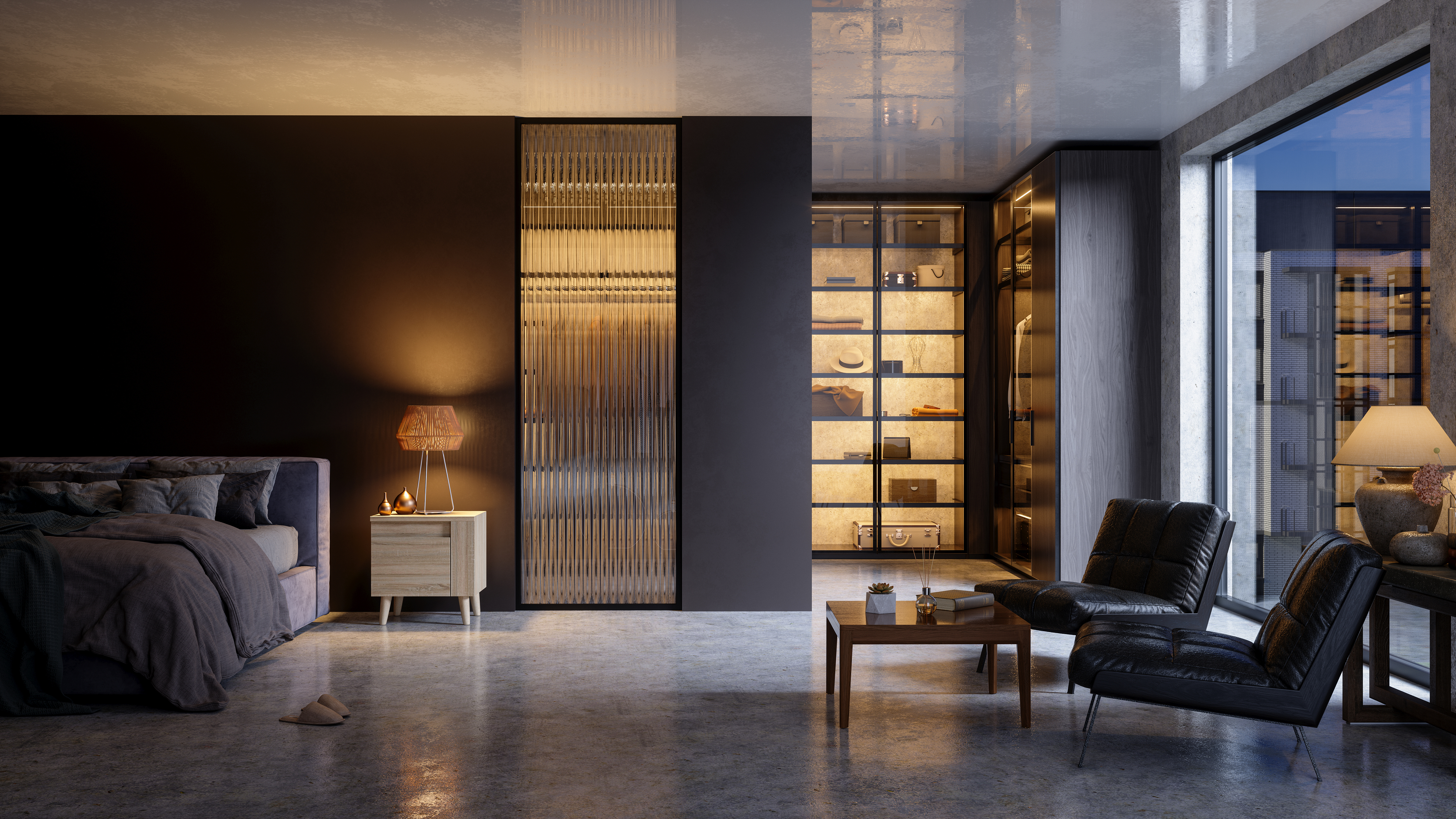 Grande chambre à coucher avec dressing-room légèrement éclairé.